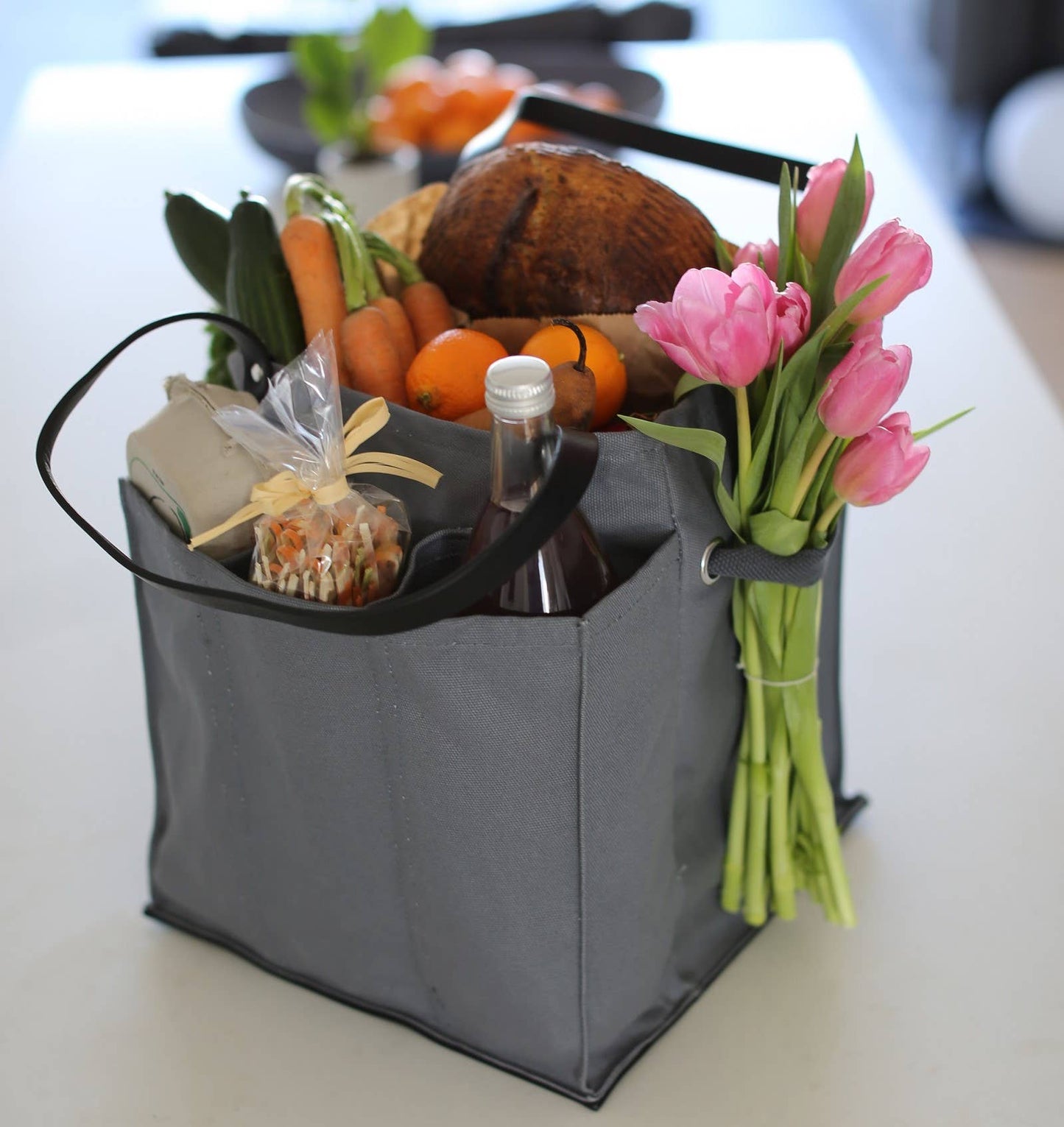 Canvas Market Tote: Petrol Blue with Mustard Handles and Base