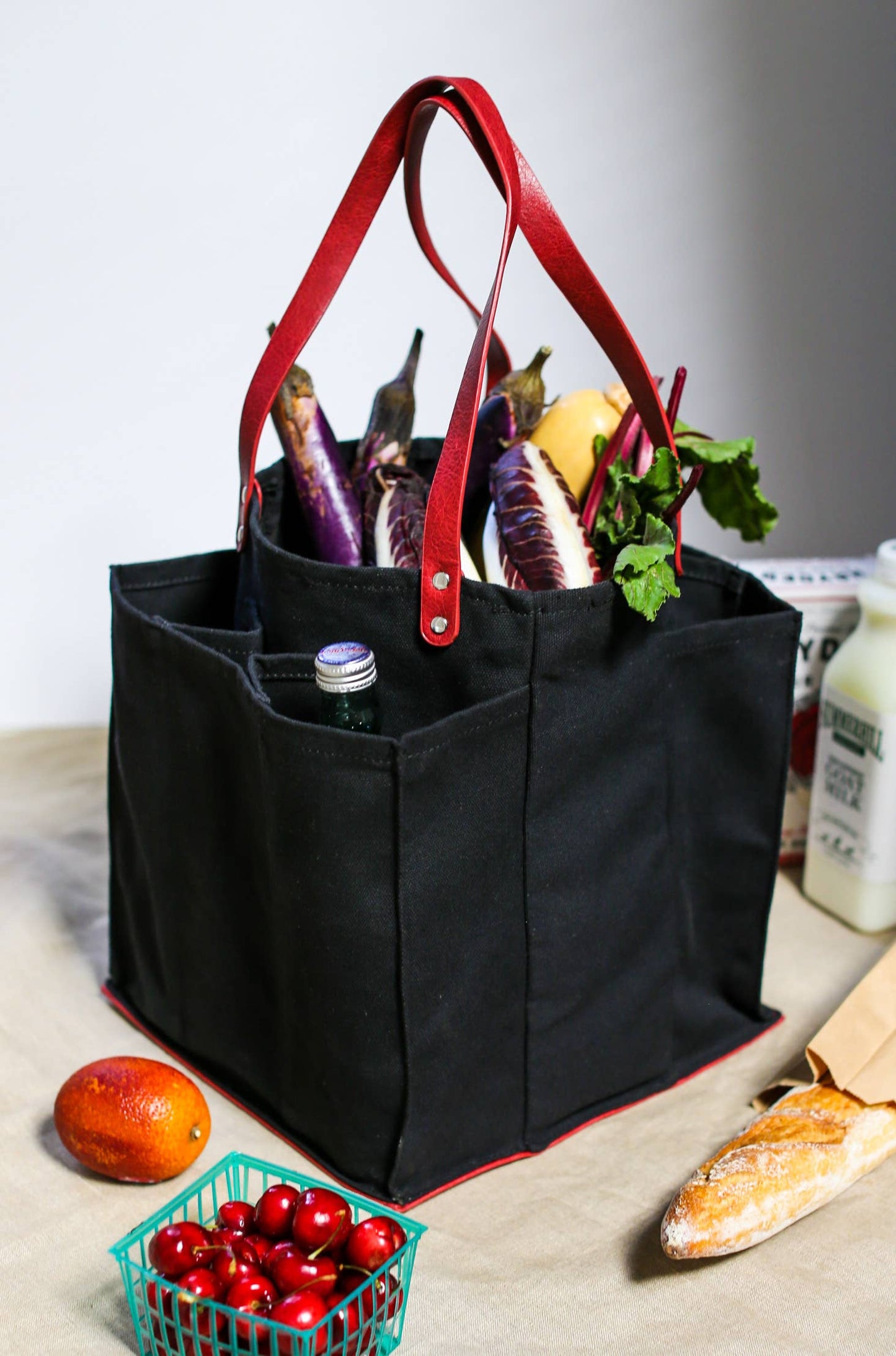 Canvas Market Tote: Petrol Blue with Mustard Handles and Base