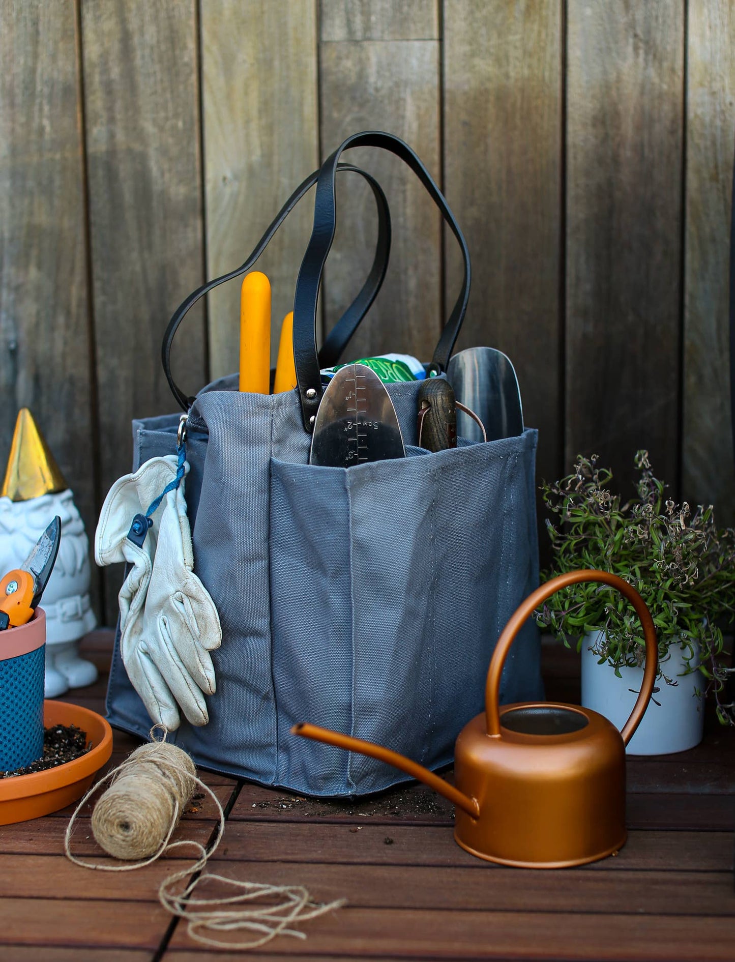 Canvas Market Tote: Petrol Blue with Mustard Handles and Base