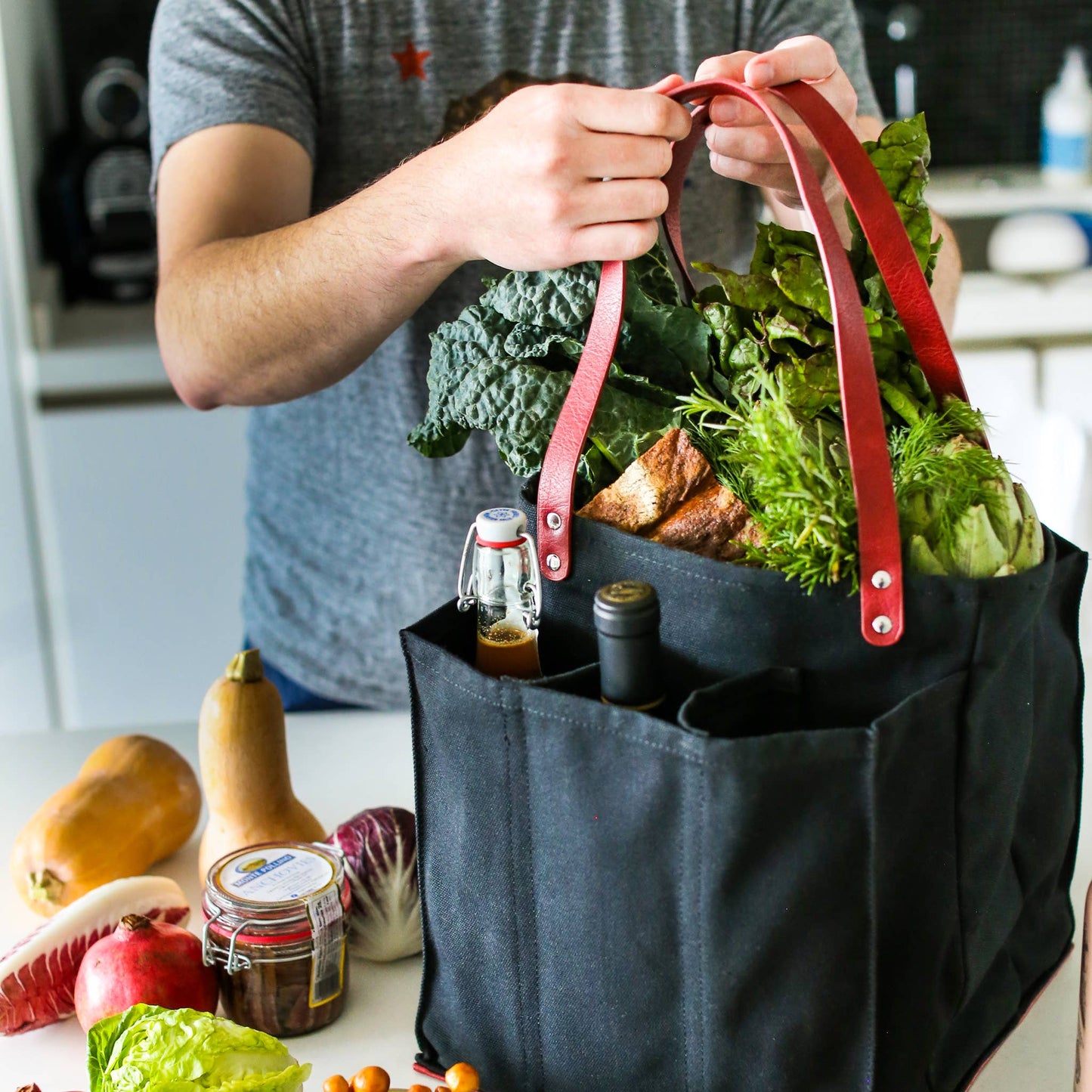 Canvas Market Tote: Petrol Blue with Mustard Handles and Base