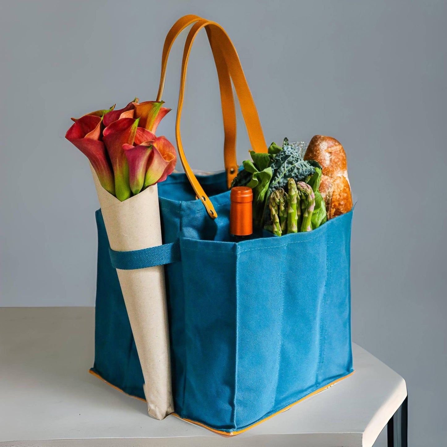 Canvas Market Tote: Petrol Blue with Mustard Handles and Base