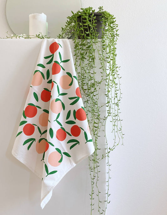 White Peach Toss 20" Tea Towel - Silkscreened 100% Cotton